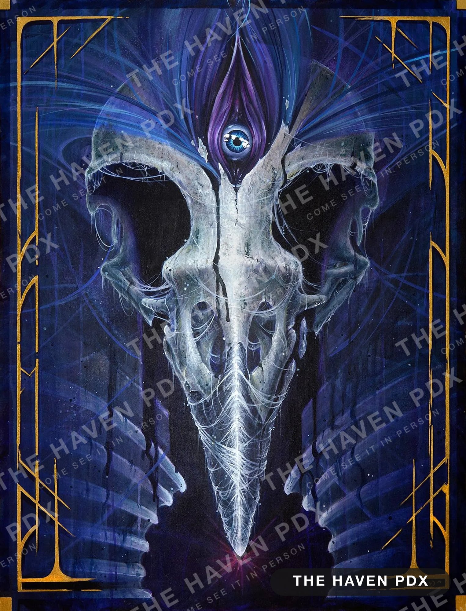 Painting of a luminous bird skull with an open eye above the beak, set inside gold Art Deco borders on a deep blue and violet ground