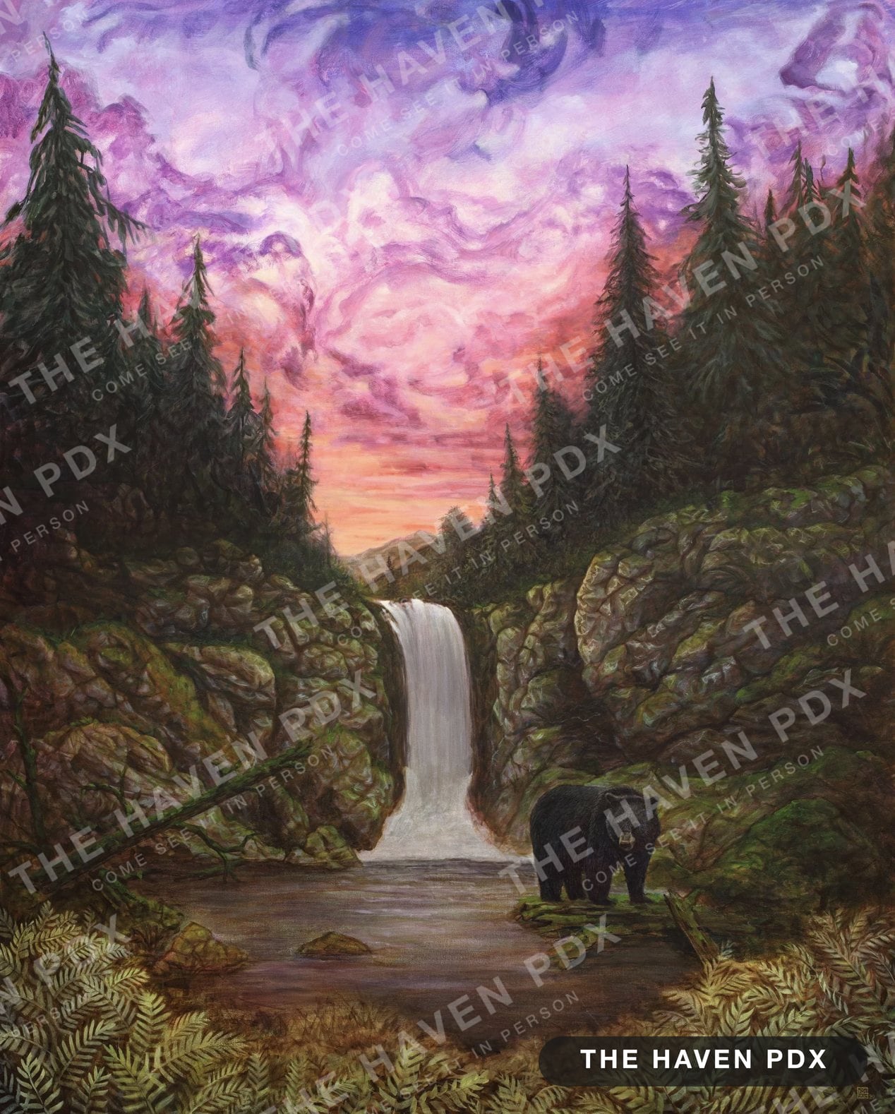 Painting of a black bear standing on rocks below a waterfall in a pine forest under a pink and purple sunset sky
