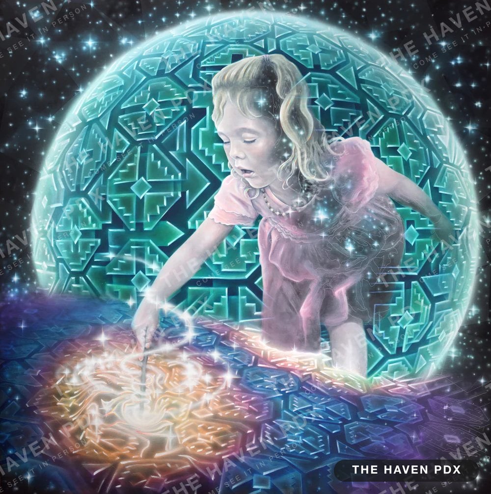 Painting of a young girl in a pink dress crouched inside a glowing teal geometric orb, reaching toward a burst of light on the ground