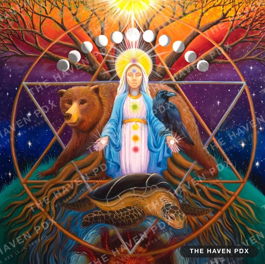 Painting of a robed goddess figure with glowing chakras between a bear and a raven, a sea turtle below and moon phases arcing over a sunrise tree