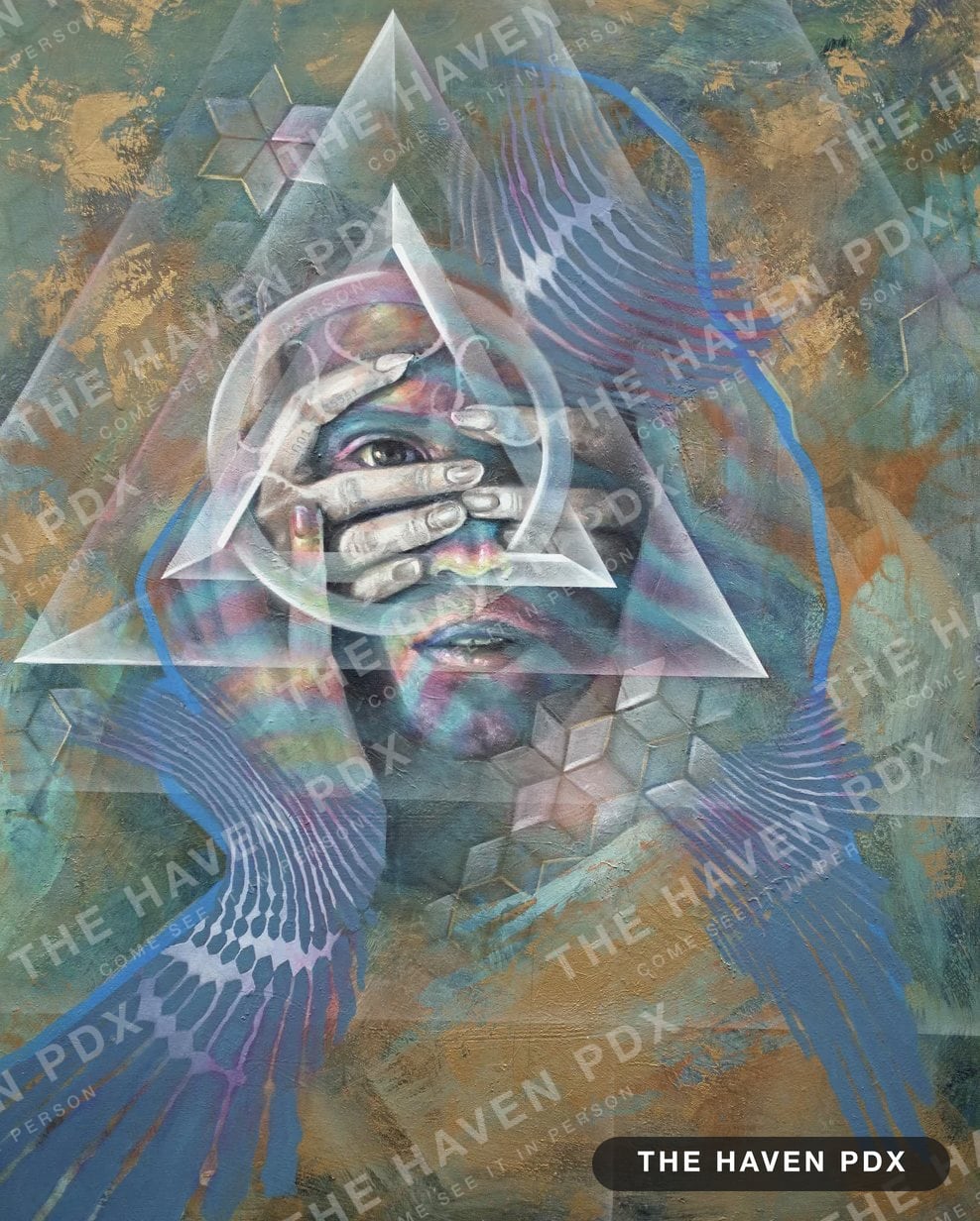 Painting of a face partly covered by two hands, one eye showing through a transparent triangle, with blue wings and hexagon patterns around it