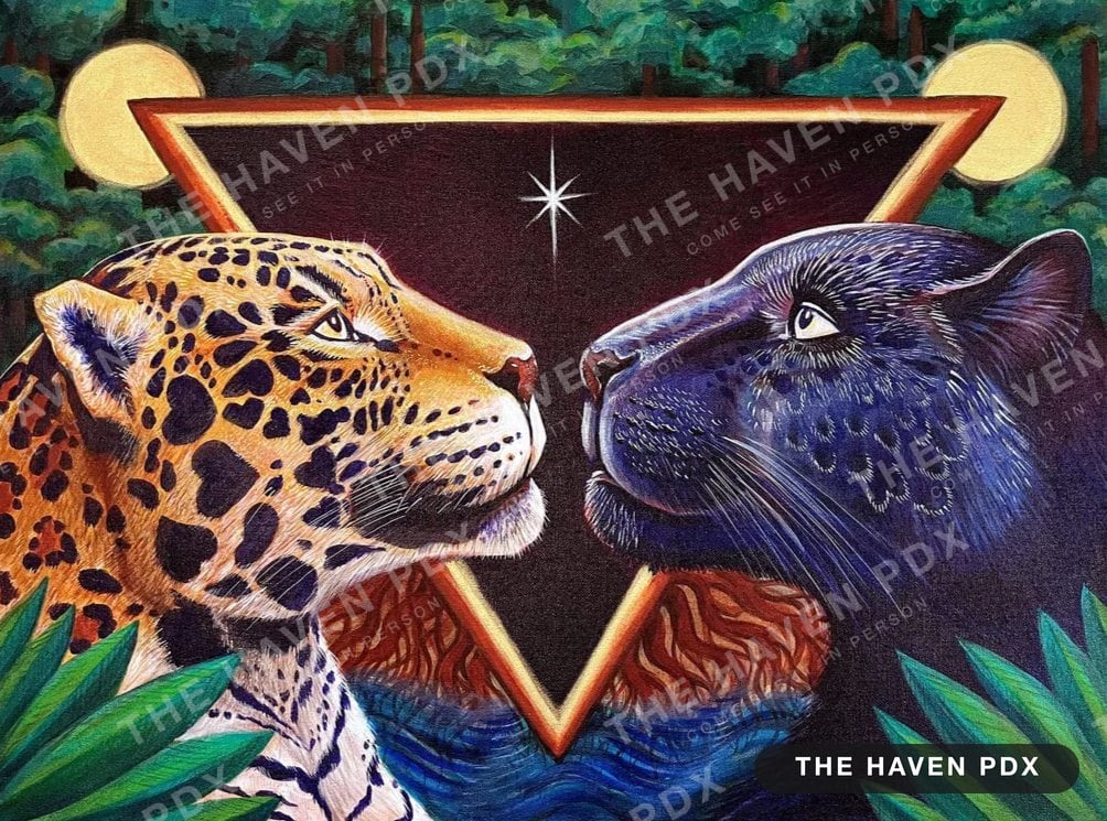 Painting of a spotted jaguar and a black panther facing each other beneath a golden triangle and a star, jungle leaves and a night sky behind them