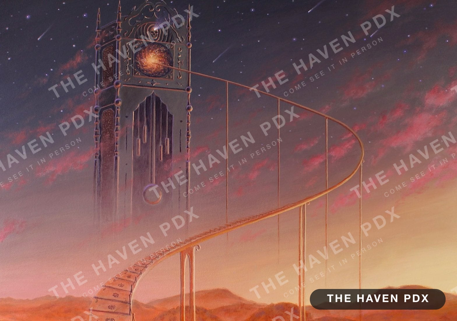Painting of a long spiral stairway rising from desert hills to a tall stone tower topped with a glowing clock face, under a pink dusk sky