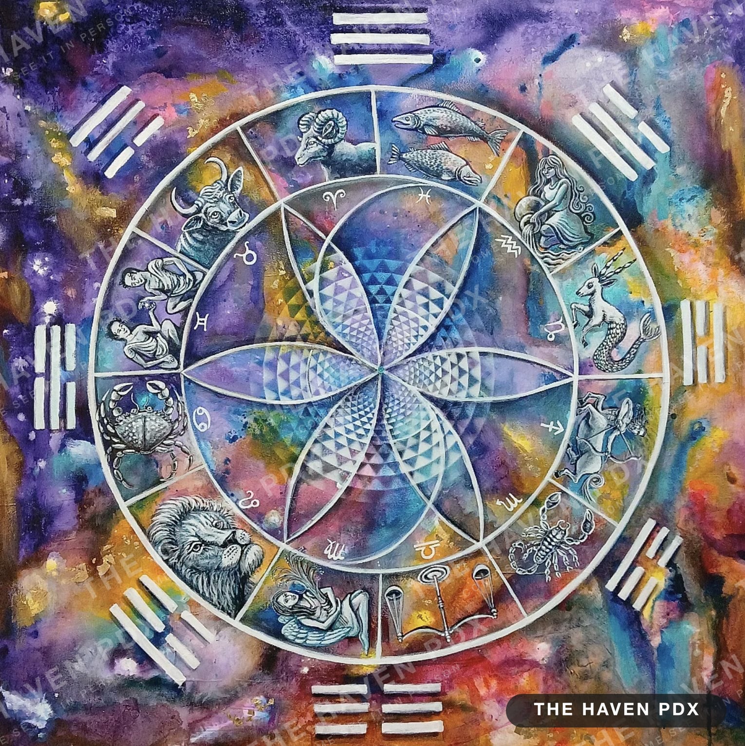Painting of a white zodiac wheel with the twelve signs drawn around a flower-of-life centre, eight I Ching trigrams at the edges, on a purple, gold and teal ground
